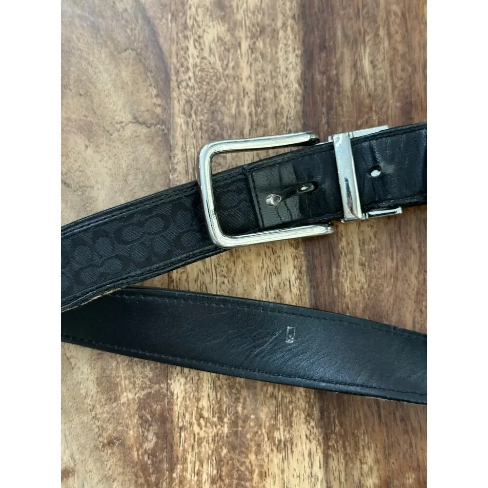 Coach Men's Black Silver Stamped Leather Buckle Belt